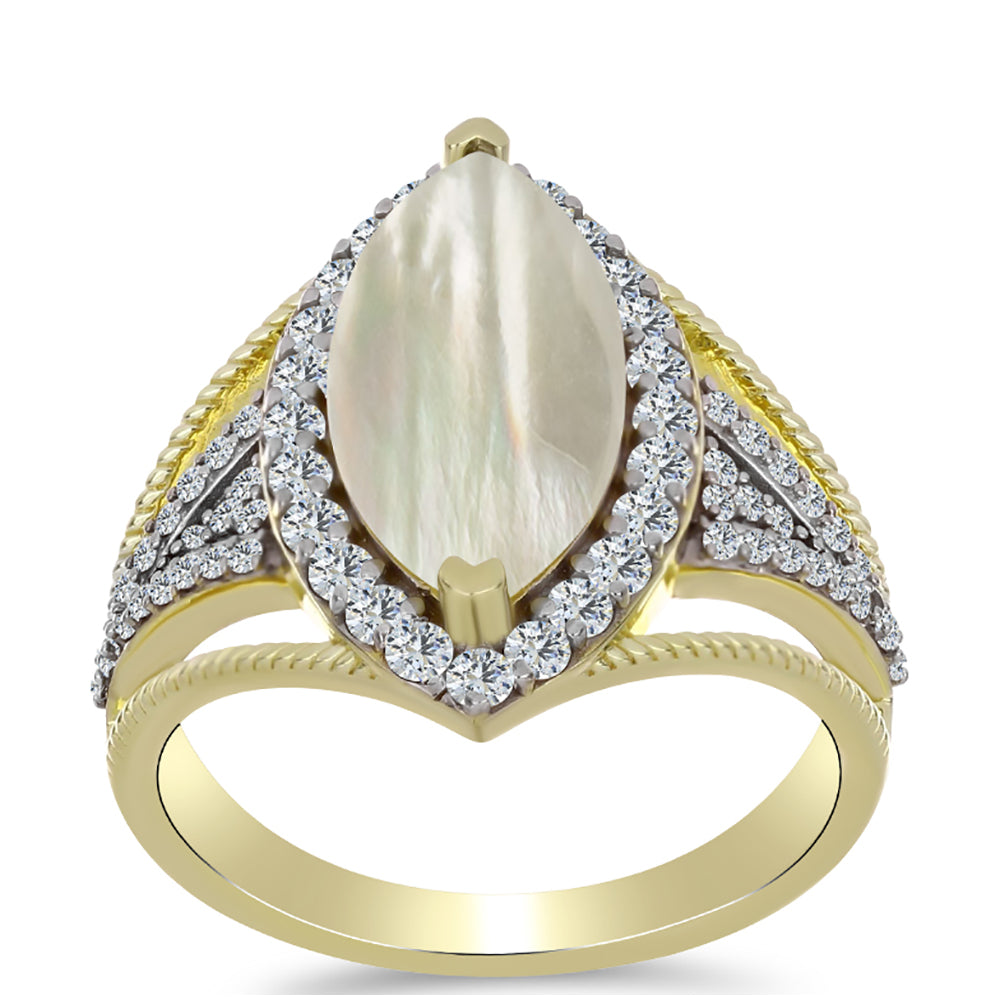 Arannyal Bevont Ezüst Gyűrű Gyöngyházzal és Fehér Topázzal