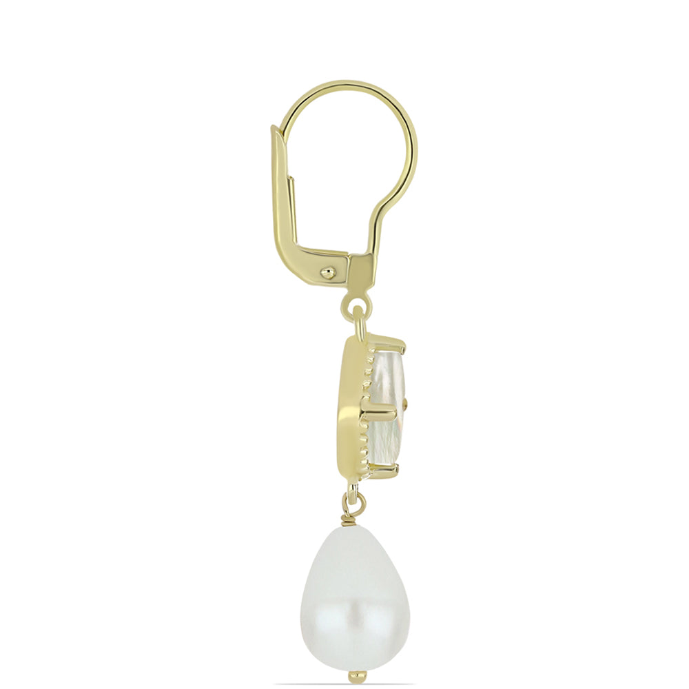 Arannyal Bevont Ezüst Fülbevaló Gyöngyházzal és Fehér Édesvízi Kagylógyönggyel