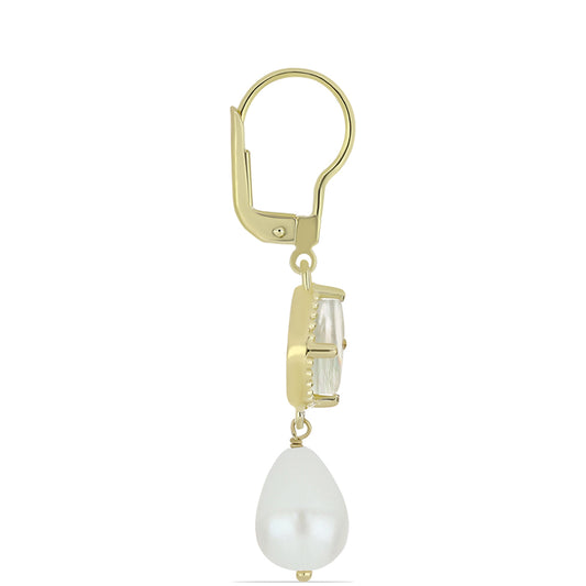 Arannyal Bevont Ezüst Fülbevaló Gyöngyházzal és Fehér Édesvízi Kagylógyönggyel