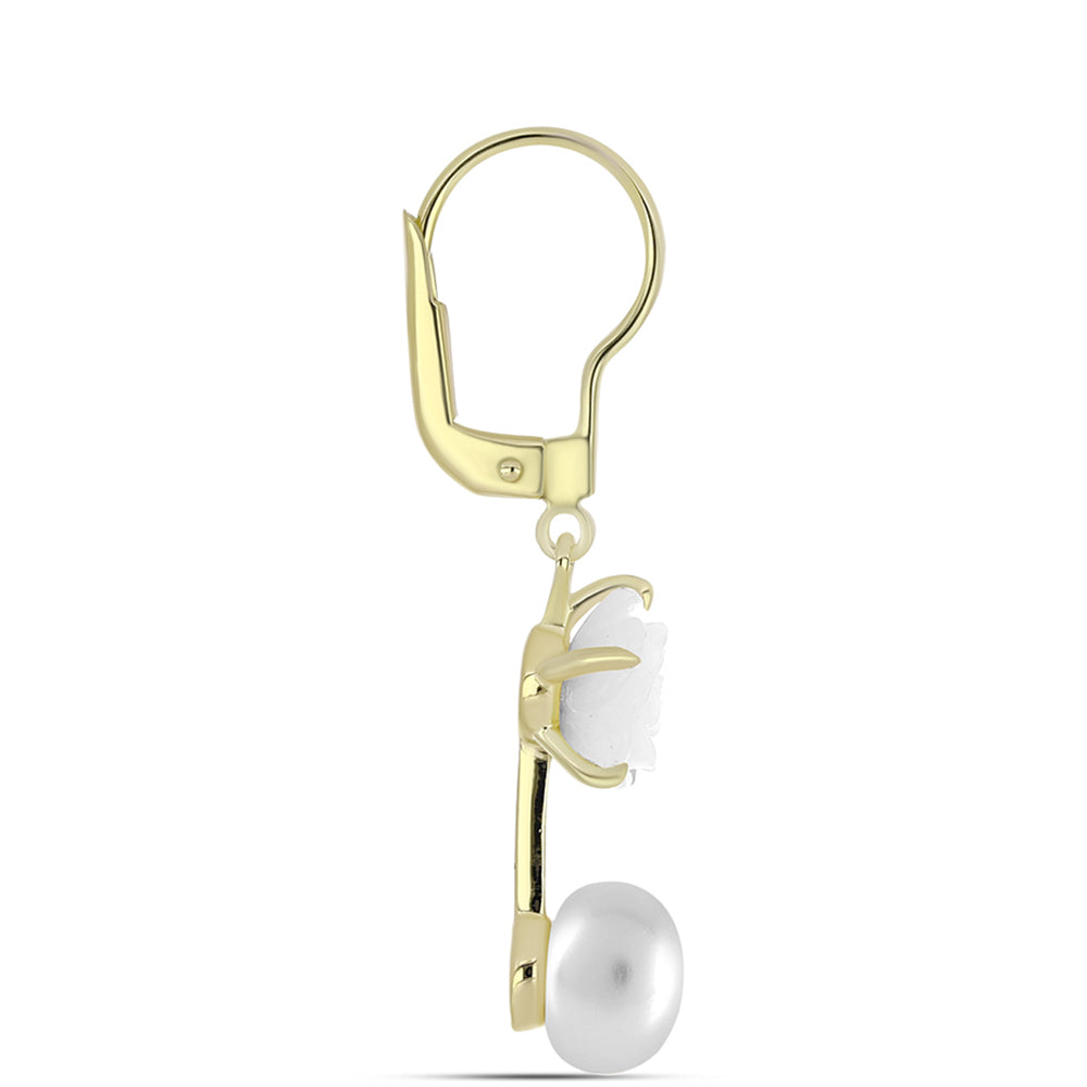 Arannyal Bevont Ezüst Fülbevaló Gyöngyházzal és Fehér Édesvízi Kagylógyönggyel