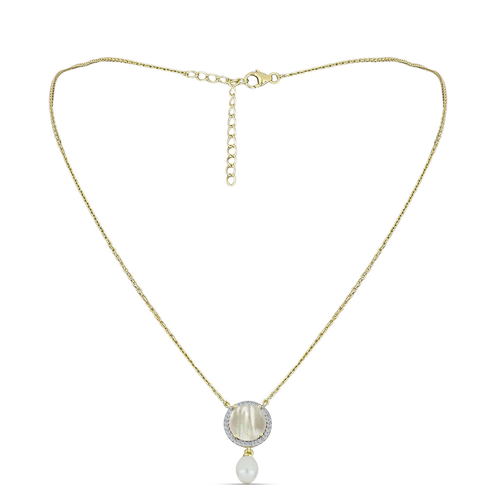 Arannyal Bevont Ezüst Nyaklánc Gyöngyházzal és Fehér Édesvízi Kagylógyönggyel 1 