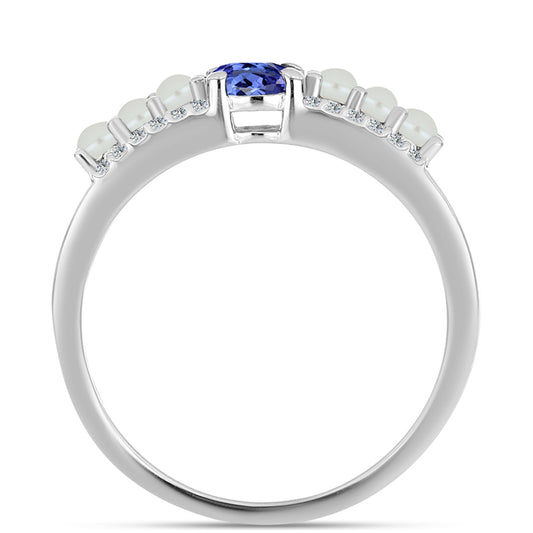 Ezüst Gyűrű "AAA" Osztályú Tanzanittal és Fehér Édesvízi Kagylógyönggyel