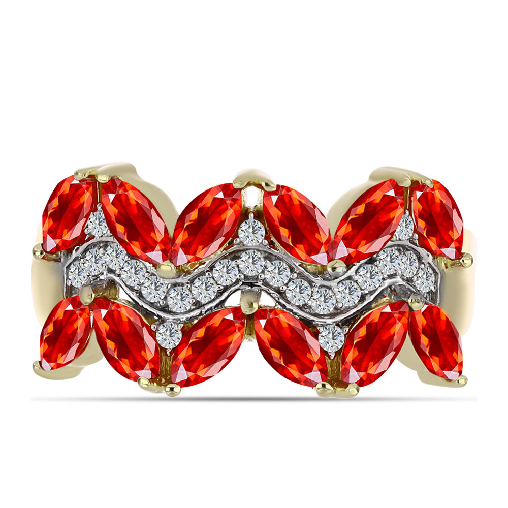 Arannyal Bevont Ezüst Gyűrű Etiópiai Vörös Opállal és Fehér Topázzal