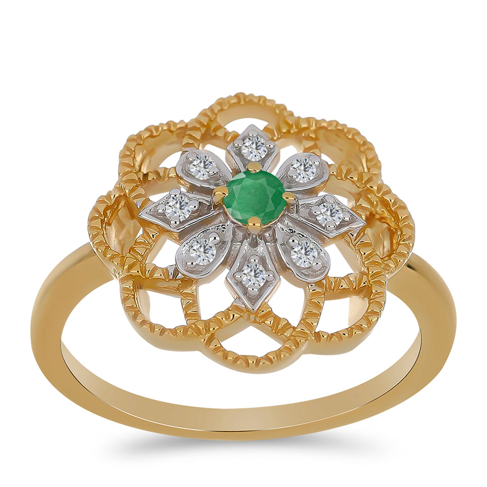 Arannyal Bevont Ezüst Gyűrű Brazil Smaragddal és Fehér Cirkónnal