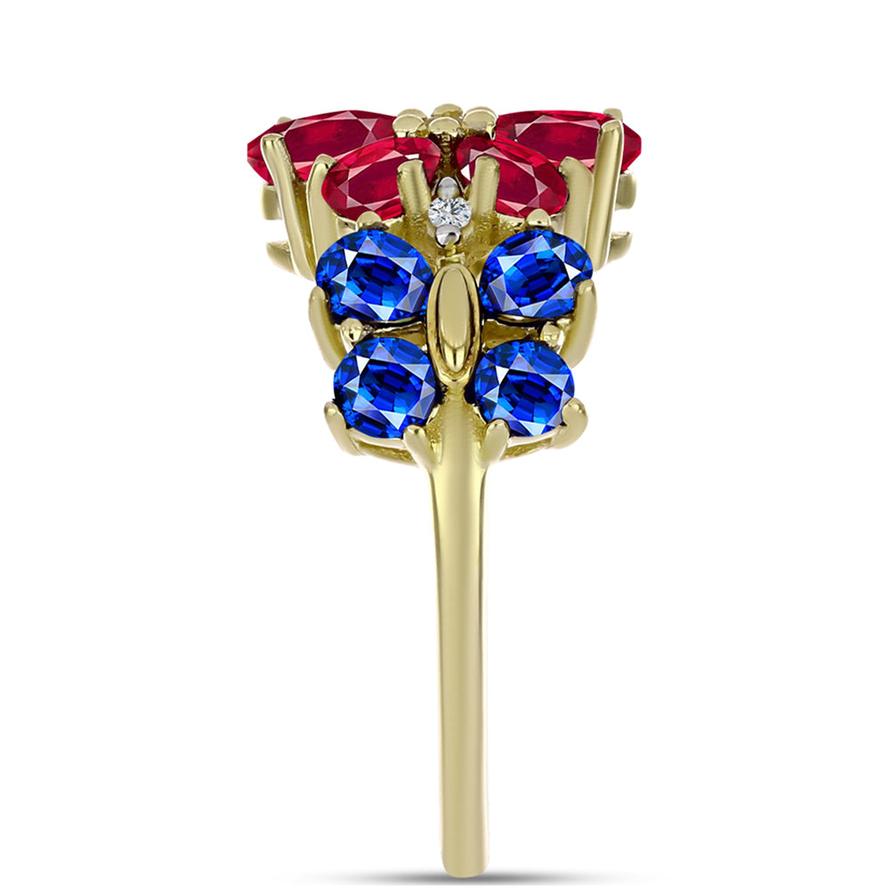 Arannyal Bevont Ezüst Gyűrű Madagaszkári Rubinnal és Ausztrál Kék Zafírral 4 