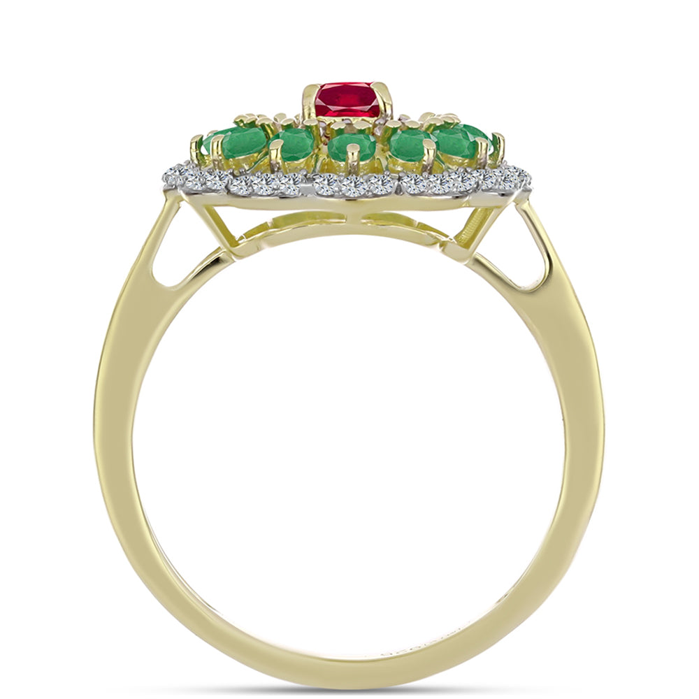 Arannyal Bevont Ezüst Gyűrű Madagaszkári Rubinnal és Brazil Smaragddal