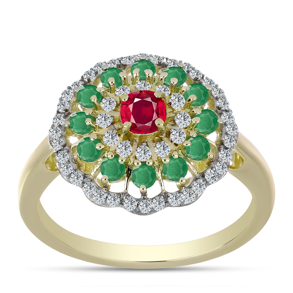 Arannyal Bevont Ezüst Gyűrű Madagaszkári Rubinnal és Brazil Smaragddal