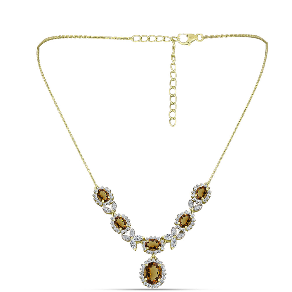 Arannyal Bevont Ezüst Nyaklánc Kognak Kvarccal és Fehér Topázzal 1 