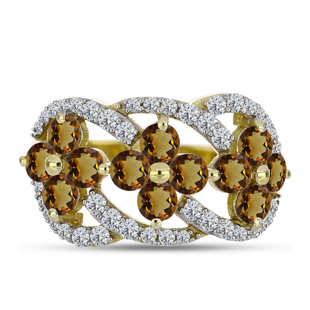 Arannyal Bevont Ezüst Gyűrű Kognak Kvarccal és Fehér Topázzal