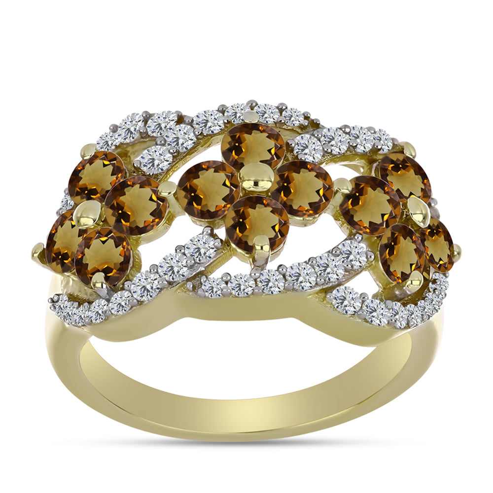 Arannyal Bevont Ezüst Gyűrű Kognak Kvarccal és Fehér Topázzal