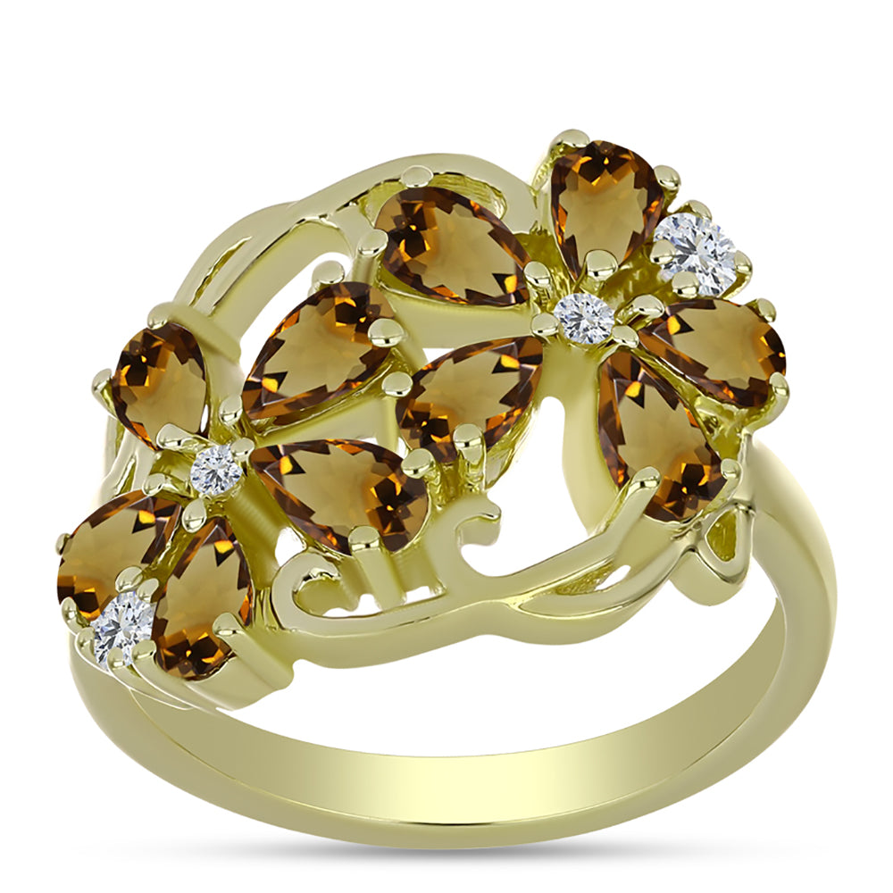 Arannyal Bevont Ezüst Gyűrű Kognak Kvarccal és Fehér Topázzal