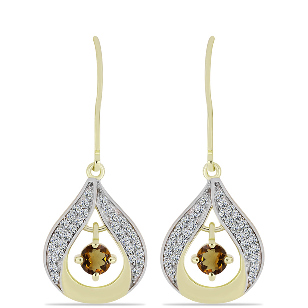 Arannyal Bevont Ezüst Fülbevaló Kognak Kvarccal és Fehér Topázzal