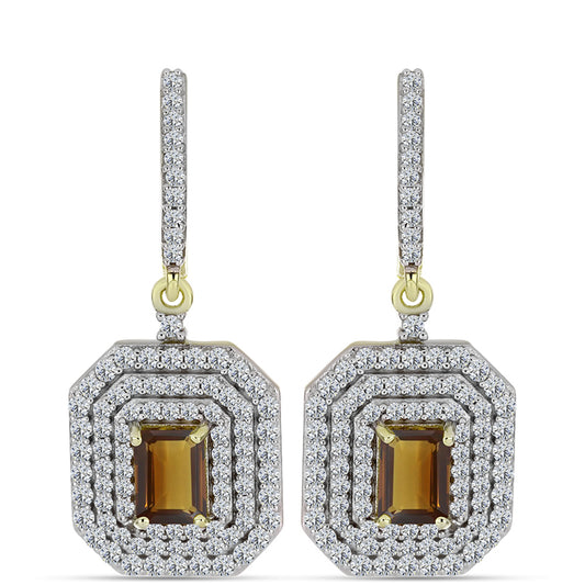 Arannyal Bevont Ezüst Fülbevaló Kognak Kvarccal és Fehér Topázzal