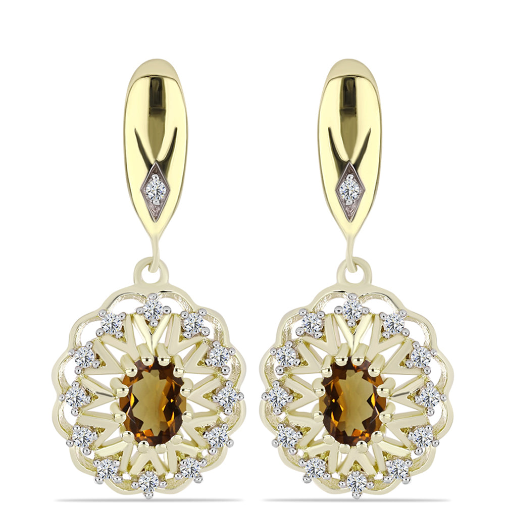Arannyal Bevont Ezüst Fülbevaló Kognak Kvarccal és Fehér Topázzal