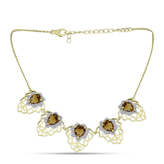 Arannyal Bevont Ezüst Nyaklánc Kognak Kvarccal és Fehér Topázzal