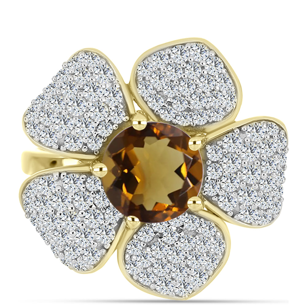 Arannyal Bevont Ezüst Gyűrű Kognak Kvarccal és Fehér Topázzal