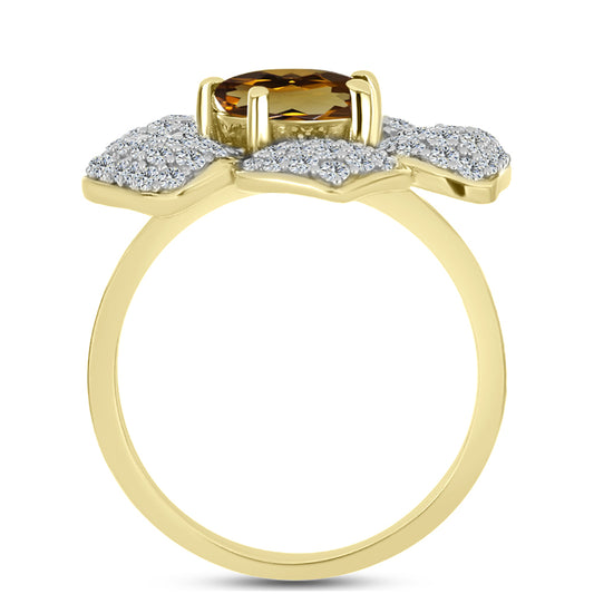 Arannyal Bevont Ezüst Gyűrű Kognak Kvarccal és Fehér Topázzal