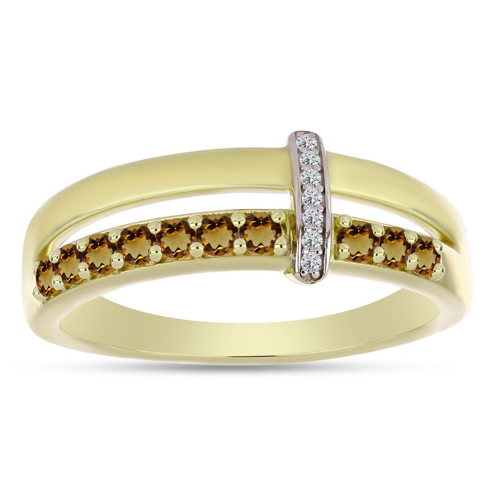 Arannyal Bevont Ezüst Gyűrű Kognak Kvarccal és Fehér Topázzal 7 