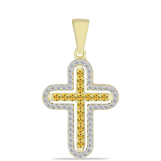 Kereszt Arannyal Bevont Ezüst Medál Kognak Kvarccal és Fehér Topázzal