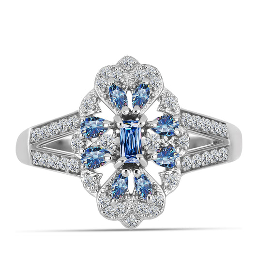 Ezüst Gyűrű Óceánkék Moissanite-tal és Fehér Topázzal