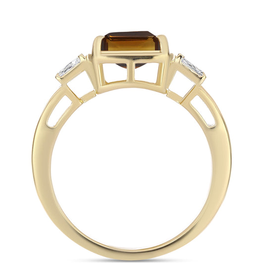 Arannyal Bevont Ezüst Gyűrű Kognak Kvarccal és Fehér Cirkónnal