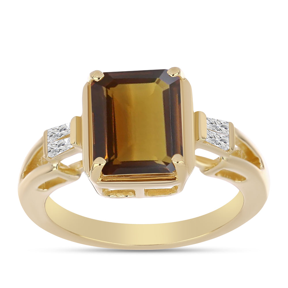 Arannyal Bevont Ezüst Gyűrű Kognak Kvarccal és Fehér Cirkónnal