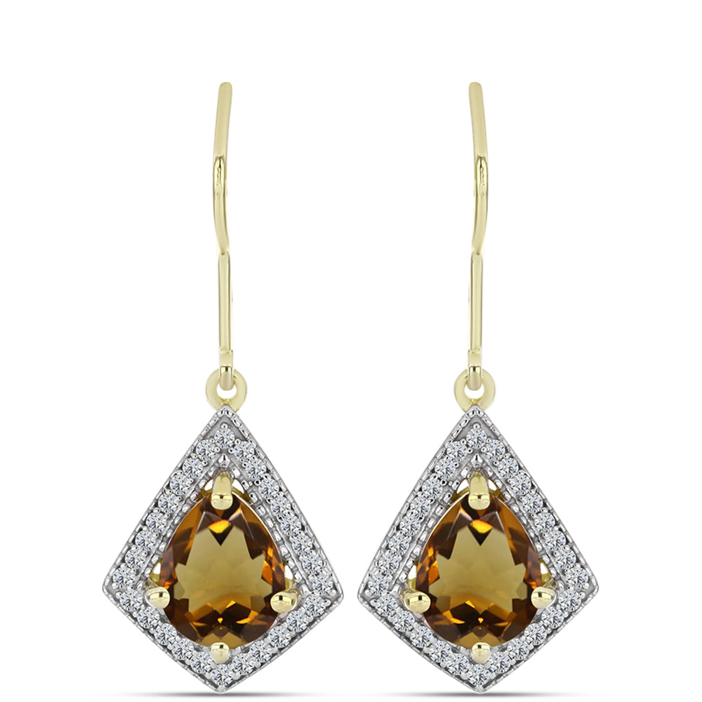 Arannyal Bevont Ezüst Fülbevaló Kognak Kvarccal és Fehér Topázzal