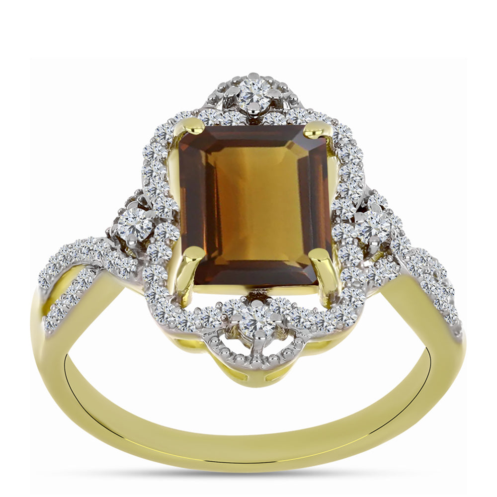 Arannyal Bevont Ezüst Gyűrű Kognak Kvarccal és Fehér Topázzal