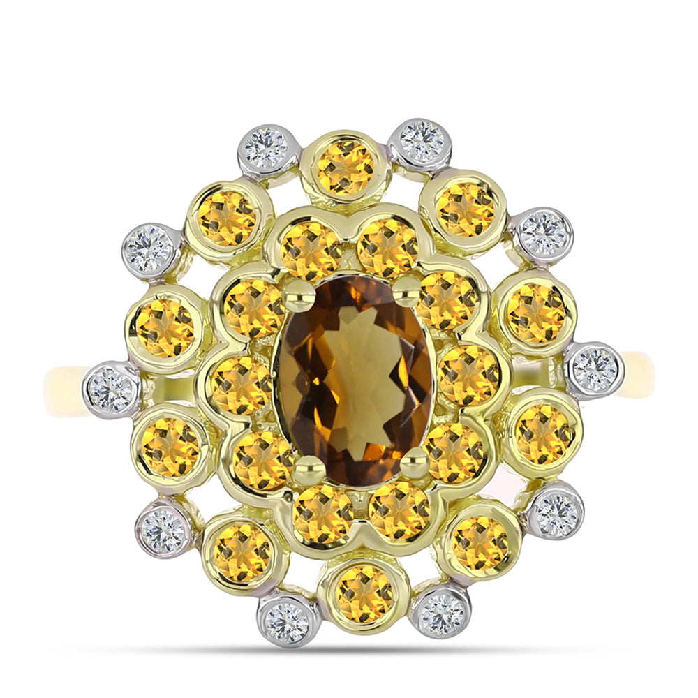 Arannyal Bevont Ezüst Gyűrű Kognak Kvarccal és Fehér Topázzal