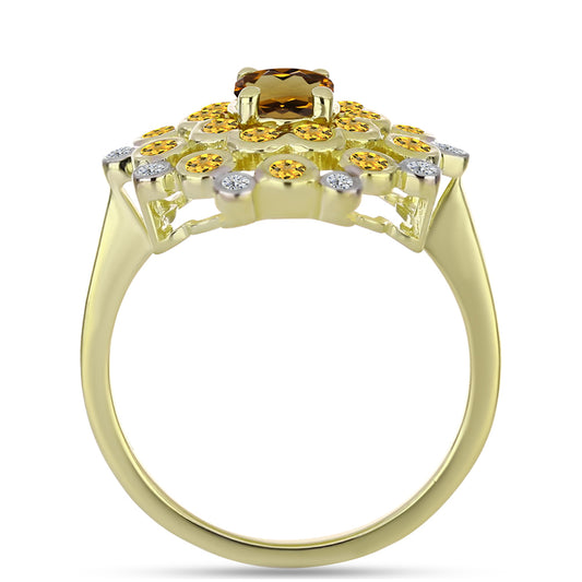 Arannyal Bevont Ezüst Gyűrű Kognak Kvarccal és Fehér Topázzal