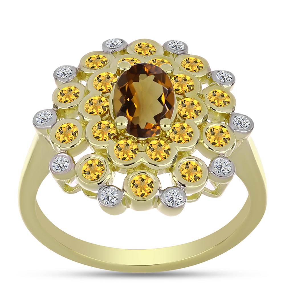 Arannyal Bevont Ezüst Gyűrű Kognak Kvarccal és Fehér Topázzal 3 