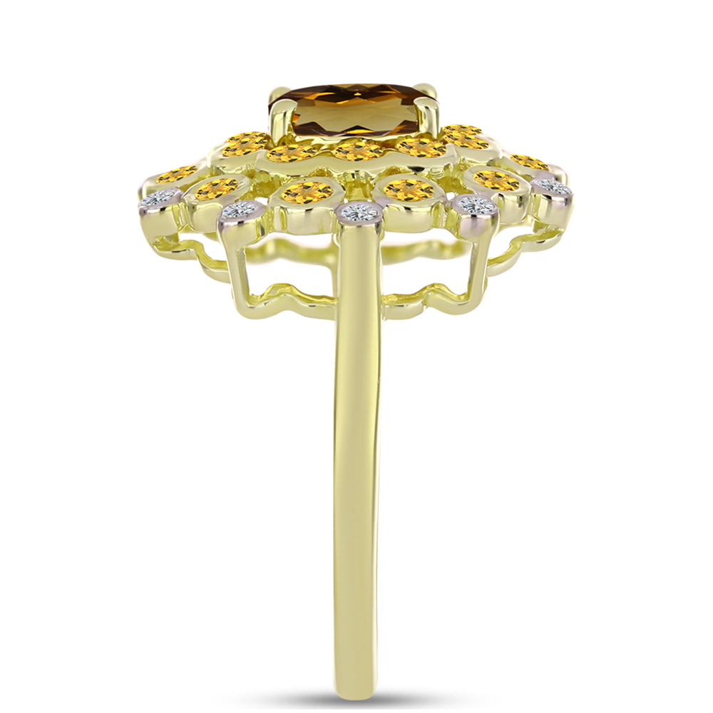 Arannyal Bevont Ezüst Gyűrű Kognak Kvarccal és Fehér Topázzal 4 