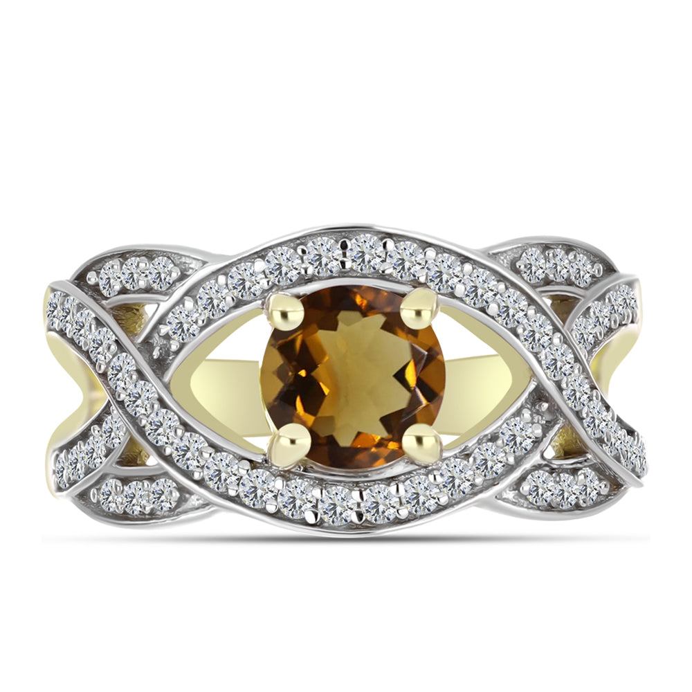 Arannyal Bevont Ezüst Gyűrű Kognak Kvarccal és Fehér Topázzal
