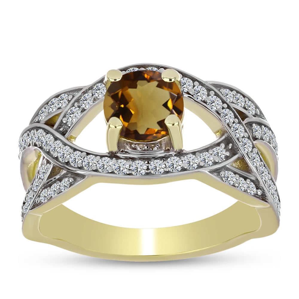 Arannyal Bevont Ezüst Gyűrű Kognak Kvarccal és Fehér Topázzal
