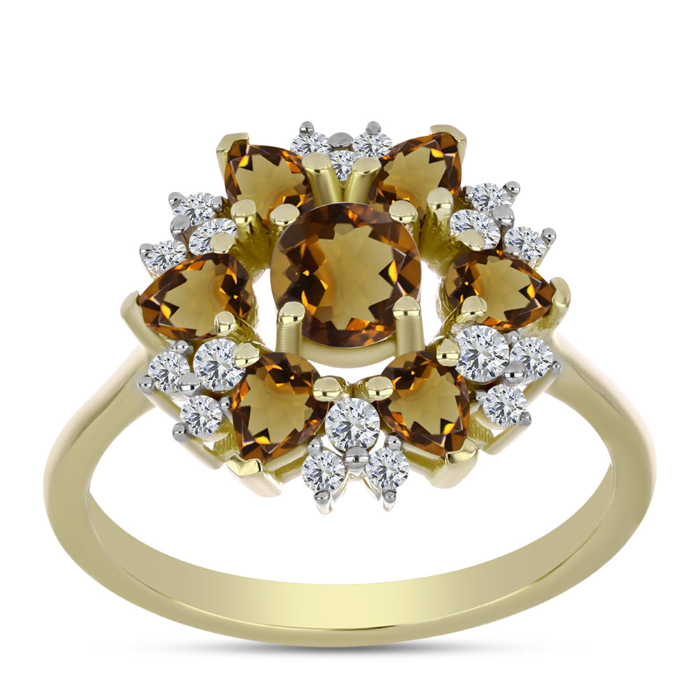 Arannyal Bevont Ezüst Gyűrű Kognak Kvarccal és Fehér Topázzal