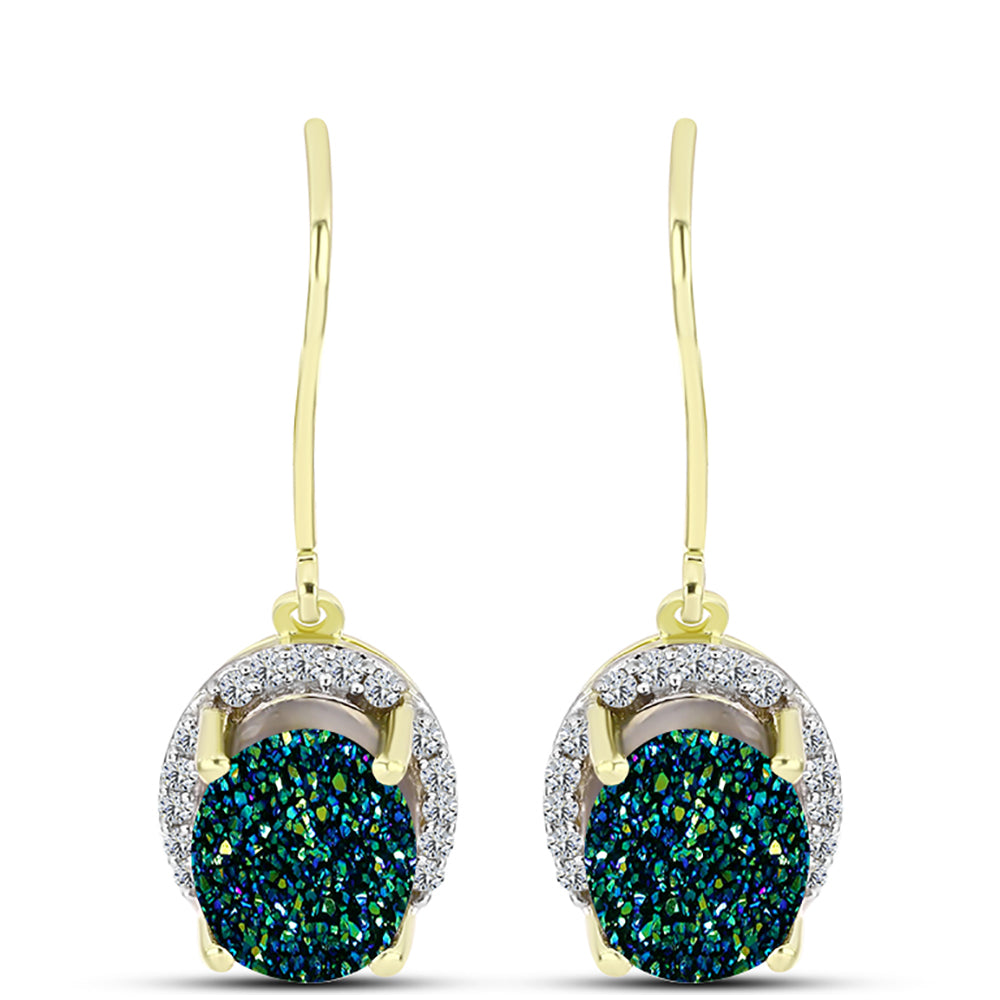Arannyal Bevont Ezüst Fülbevaló Zöld Drusy-val és Fehér Topázzal