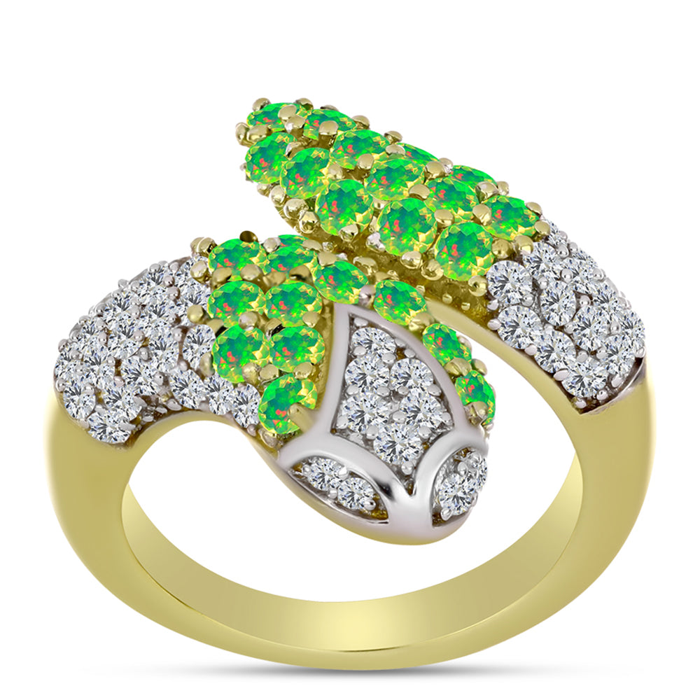 Arannyal Bevont Ezüst Gyűrű Lega Dembi Zöld Etiópiai Opállal és Fehér Topázzal