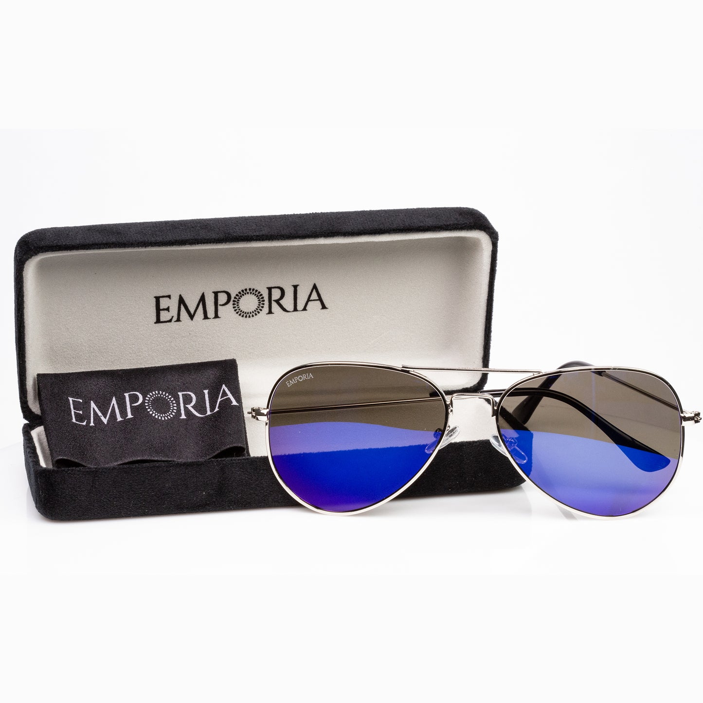 Emporia Italy - Pilóta Napszemüveg "LAGÚNA", polarizált UV szűrős napszemüveg tokkal és tisztítókendővel, kékeslilás lencsék, ezüst színű keret