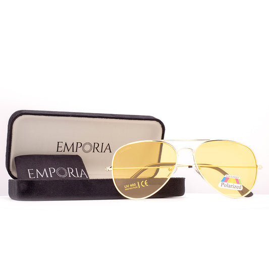 Emporia Italy - Pilóta Napszemüveg "HOLLYWOOD", polarizált UV szűrős napszemüveg tokkal és tisztítókendővel, sárga lencsék, arany színű keret