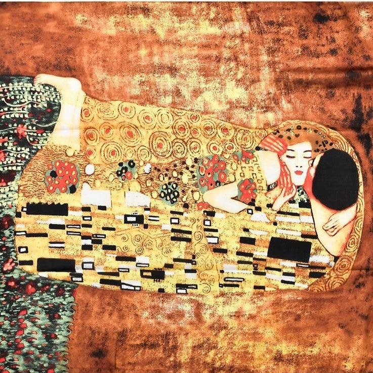 100% Valódi Selyem Sál-Kendő, 90 cm x 180 cm, Klimt - The Kiss festmény mintás - Ékszer Akció