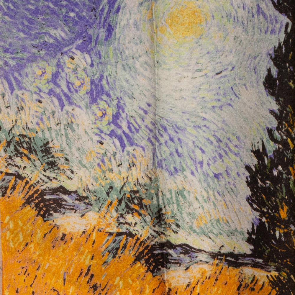 100% Selyem Sál, 90 cm x 180 cm, Van Gogh Ciprus és Csillag