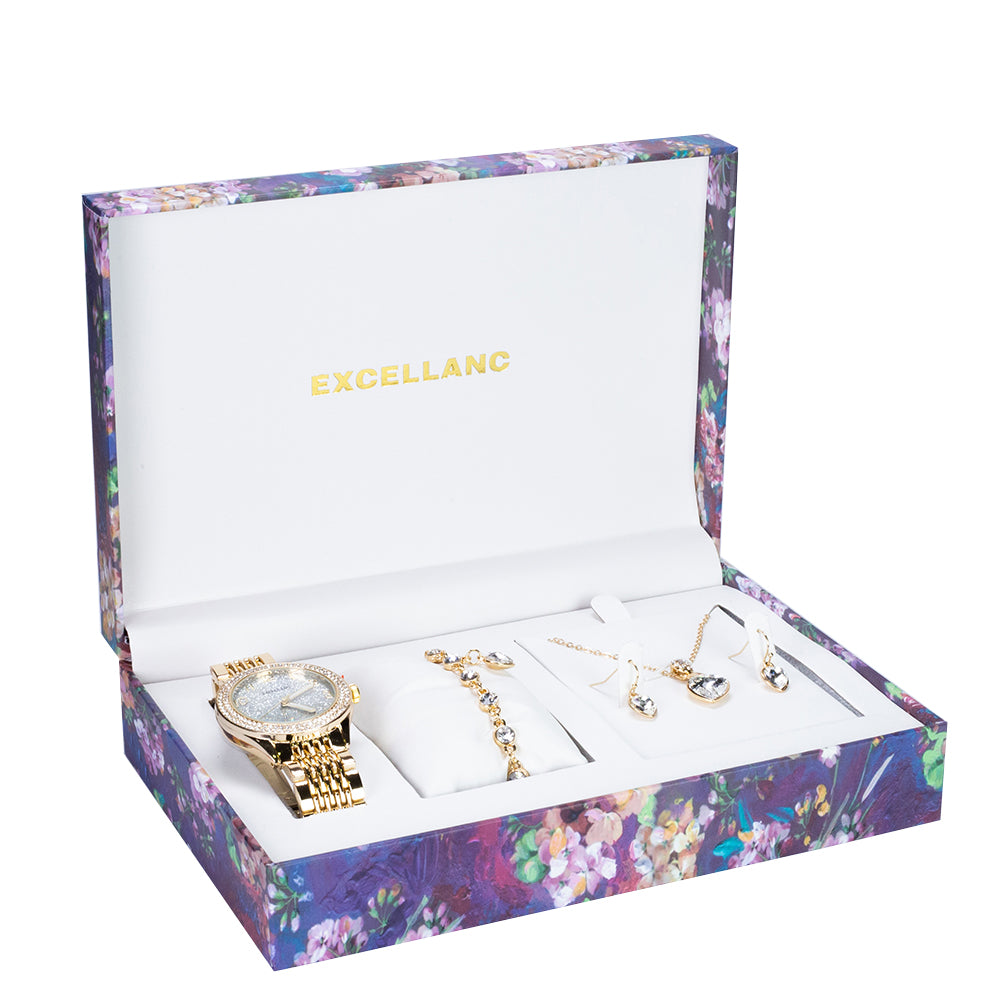 Excellanc Női ajándék Óraszett Karkötővel és Nyaklánccal, Szív alakú fehér Emporia kristályokkal, Arany színű