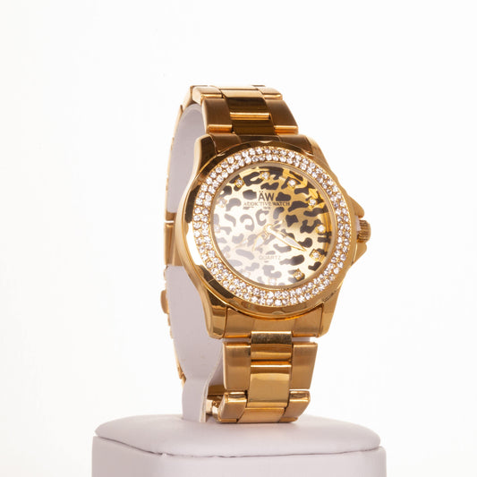 AW arany színű női óra leopárd mintás számlappal és kvrackristályokkal - Ékszer Akció