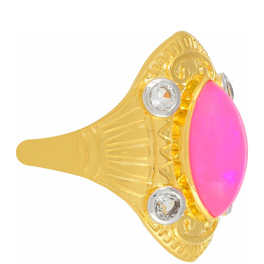 Arannyal Bevont Ezüst Gyűrű Etiópiai Neon Pink Opállal és Fehér Topázzal