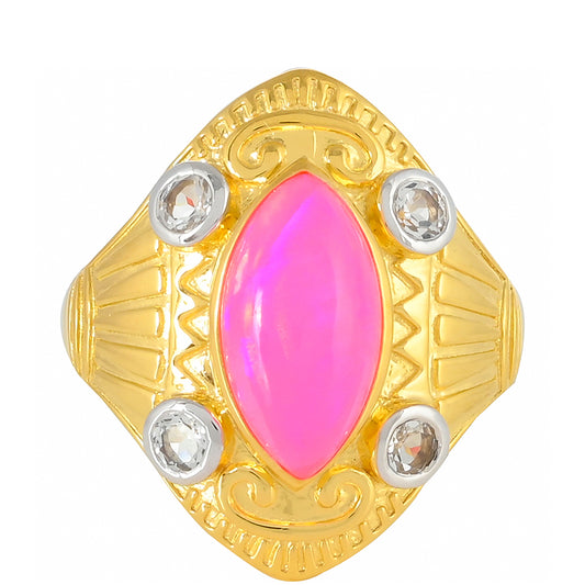 Arannyal Bevont Ezüst Gyűrű Etiópiai Neon Pink Opállal és Fehér Topázzal
