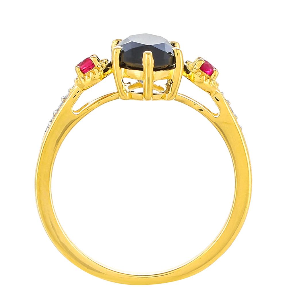 Arannyal Bevont Ezüst Gyűrű Fekete Onixszal és Thai Rubinnal