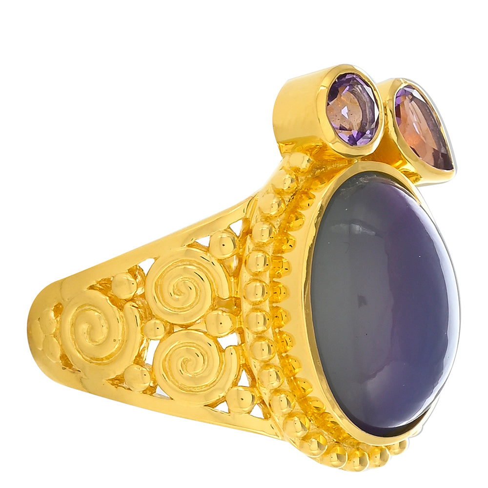 Arannyal Bevont Ezüst Gyűrű Lila Holdkővel és Marokkói Ametiszttel