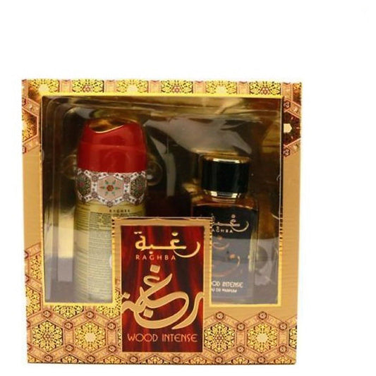 100 ml Eau de Parfume Raghba Wood Intense + 200 ml Deo Ajándék Szett  Intenzív Édes Keleti Illat Férfiaknak - Ékszer Akció