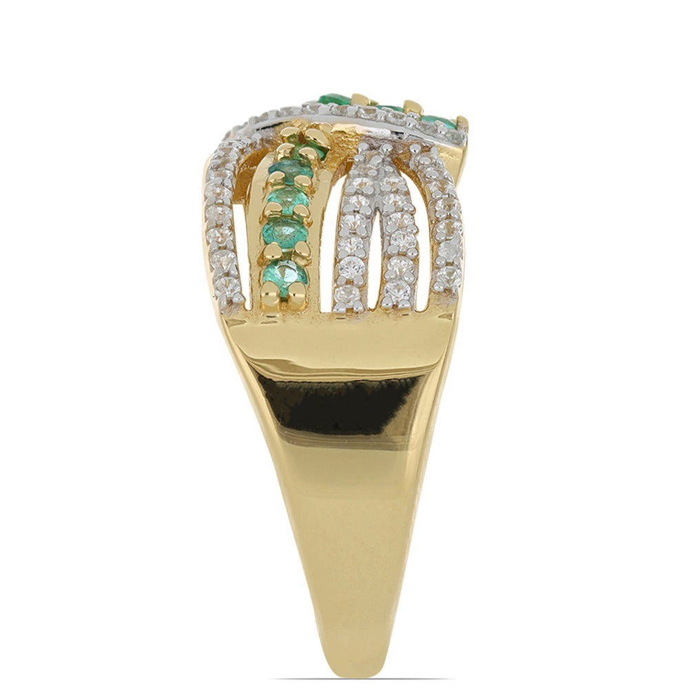 Arannyal Bevont Ezüst Gyűrű Zambiai Smaragddal és Természetes Fehér Cirkónnal
