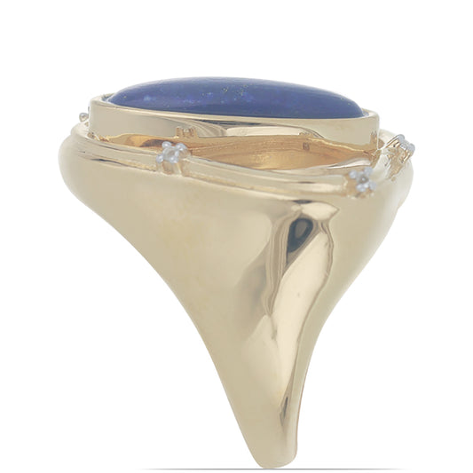 Arannyal Bevont Ezüst Gyűrű Badakhshani Lápisz Lazulival és Fehér Topázzal